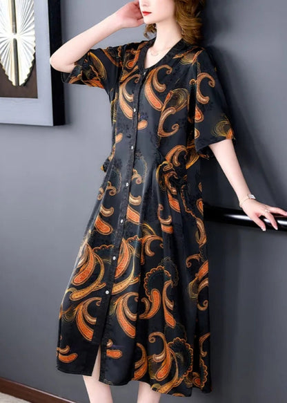V Neck Print Button Silk Maxi Shirts Dresses Summer