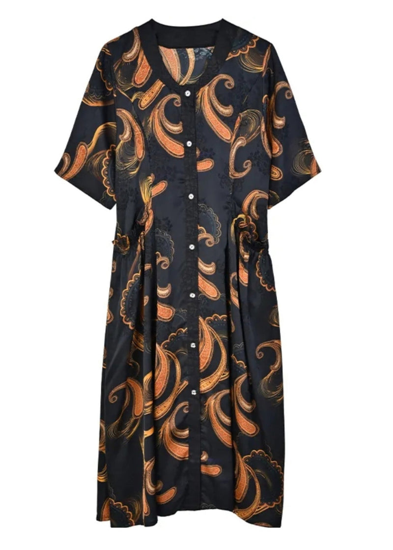V Neck Print Button Silk Maxi Shirts Dresses Summer