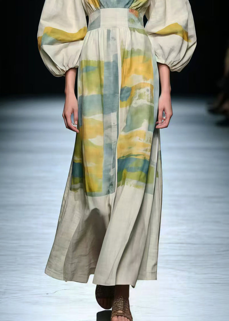 V Neck Print Cotton Long Dress Lantern Sleeve