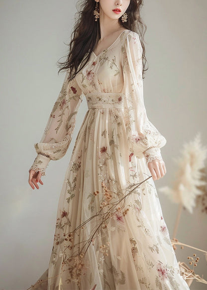 V Neck Print High Waist Chiffon Dress Long Sleeve