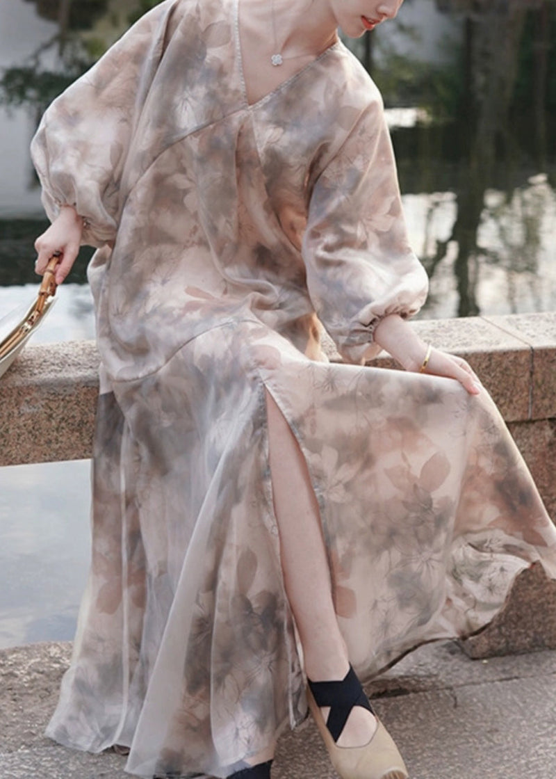 V Neck Print Patchwork Party Long Dress Spring