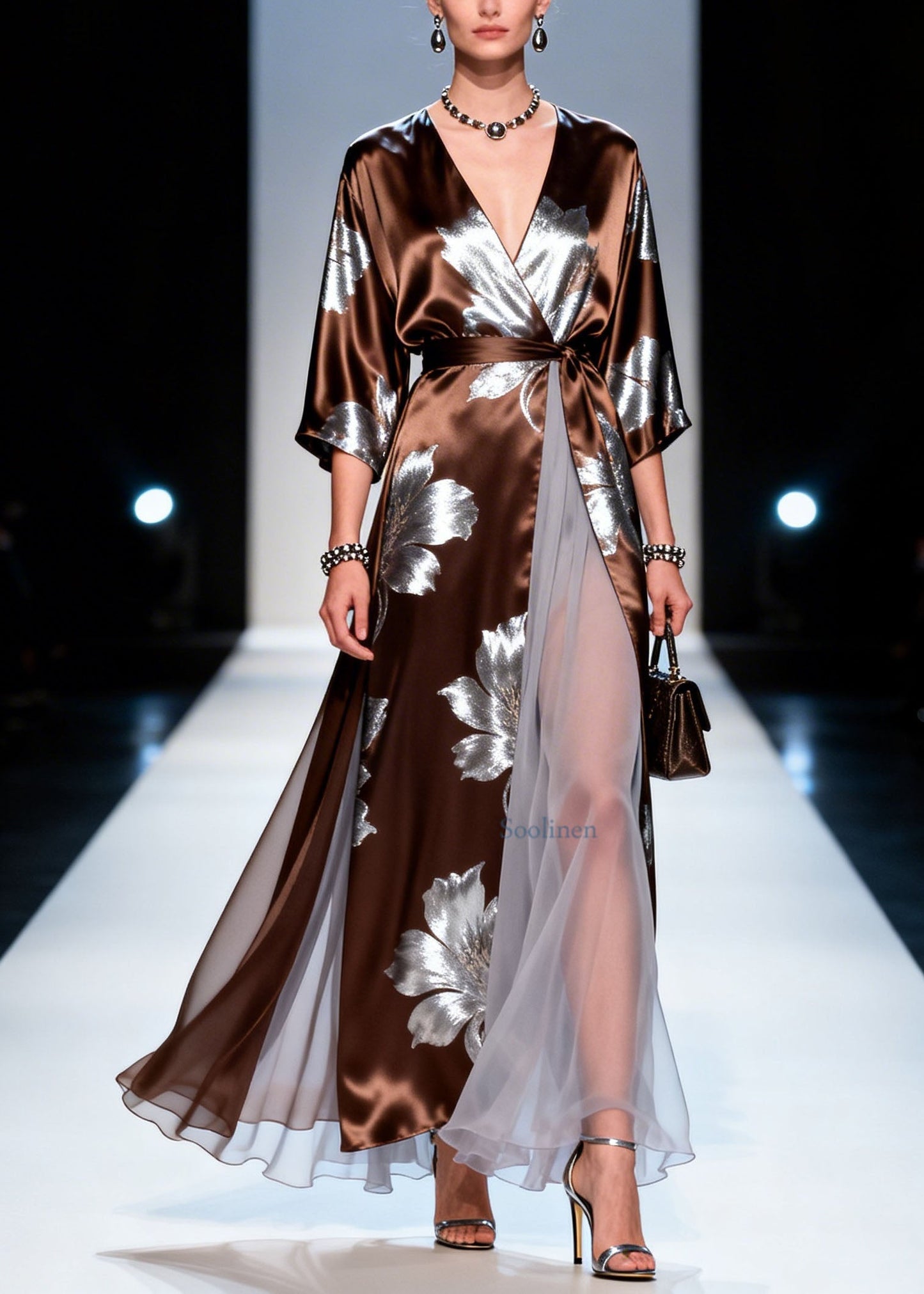 V Neck Print Patchwork Silk Dress Summer