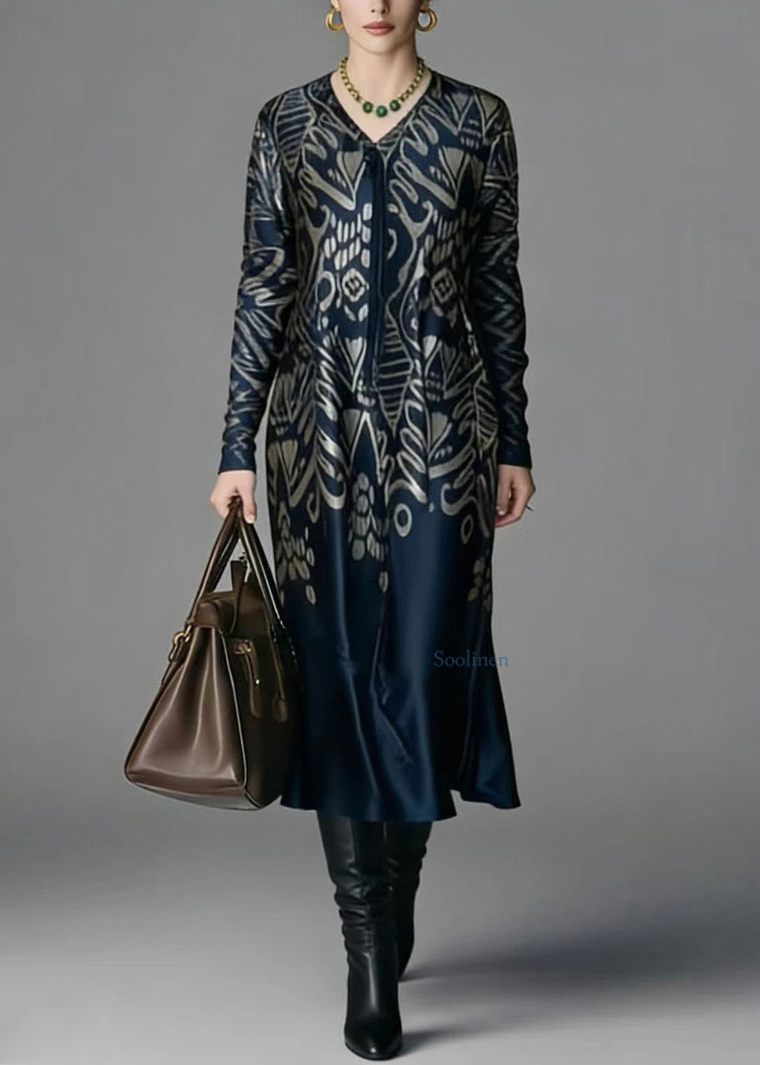 V Neck Print Silk Dress Spring