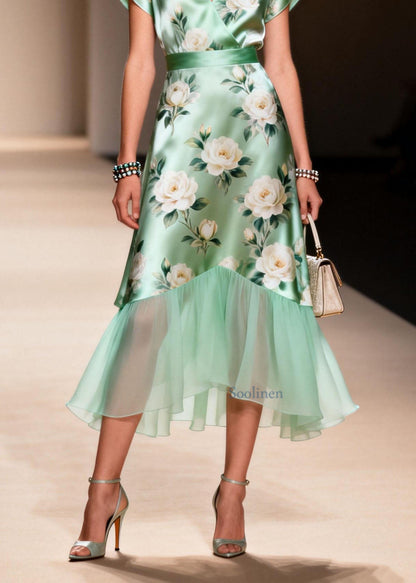 V Neck Print Ruffled Patchwork Silk Dresses Summer