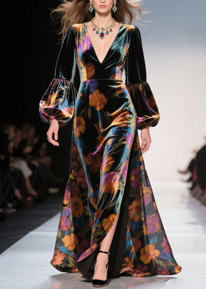 V Neck Print Side Open Velvet Robe Dresses Spring