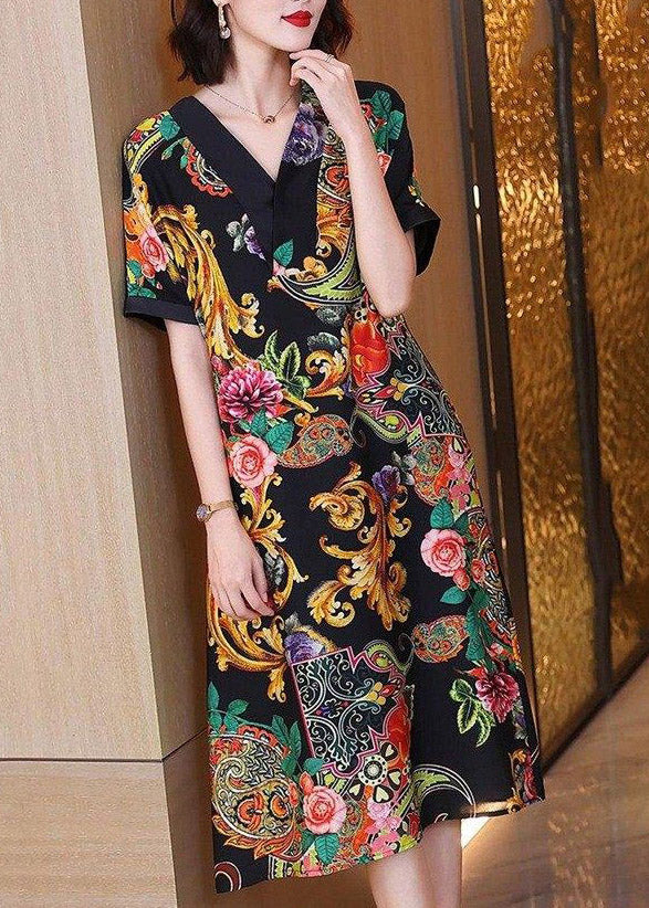 V Neck Print Silk Party Dress Short Sleeve
