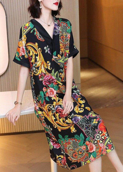 V Neck Print Silk Party Dress Short Sleeve