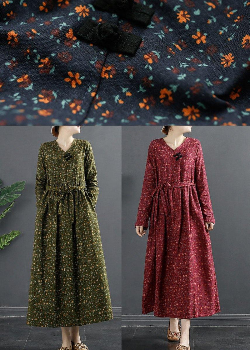 V Neck Quilting Dresses Shape Red Print Long Dress