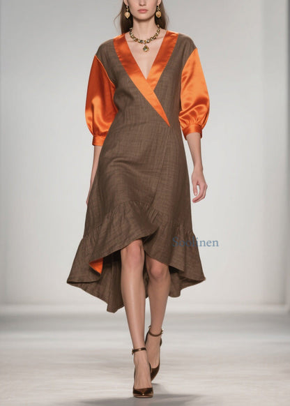 V Neck Ruffled Silk Patchwork Cotton Dresses Summer