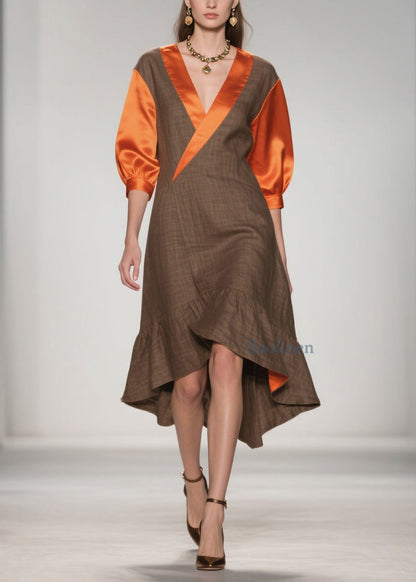 V Neck Ruffled Silk Patchwork Cotton Dresses Summer