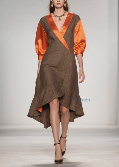 V Neck Ruffled Silk Patchwork Cotton Dresses Summer