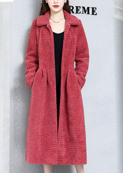 Watermelon Red Peter Pan Collar Thick Cashmere Trench Winter