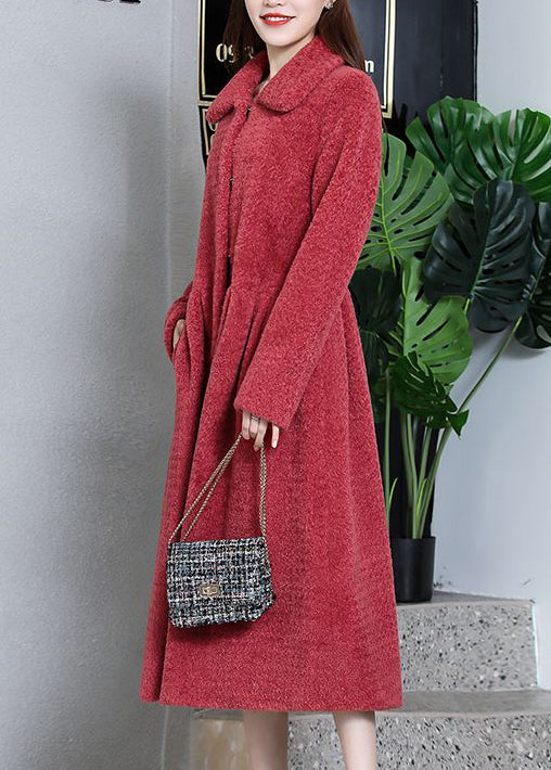 Watermelon Red Peter Pan Collar Thick Cashmere Trench Winter