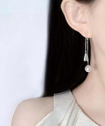 White Alloy Love Pearl Tassel Drop Earrings