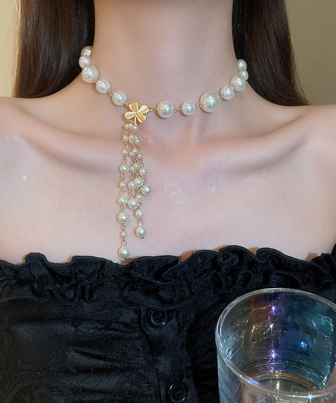 White Alloy Pearl Tassel Pendant Necklace