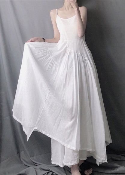 White Asymmetrical Layered Wrinkled Spaghetti Strap Long Dress Sleeveless