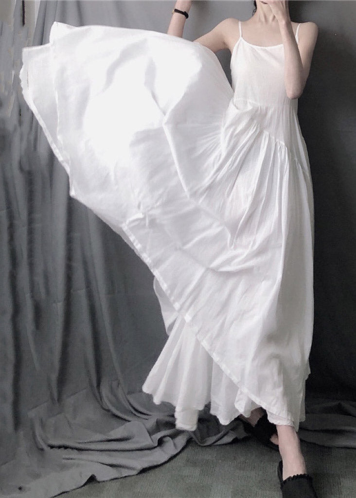 White Asymmetrical Layered Wrinkled Spaghetti Strap Long Dress Sleeveless