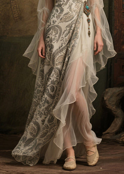 White Asymmetrical Print Chiffon Vacation Dress Summer