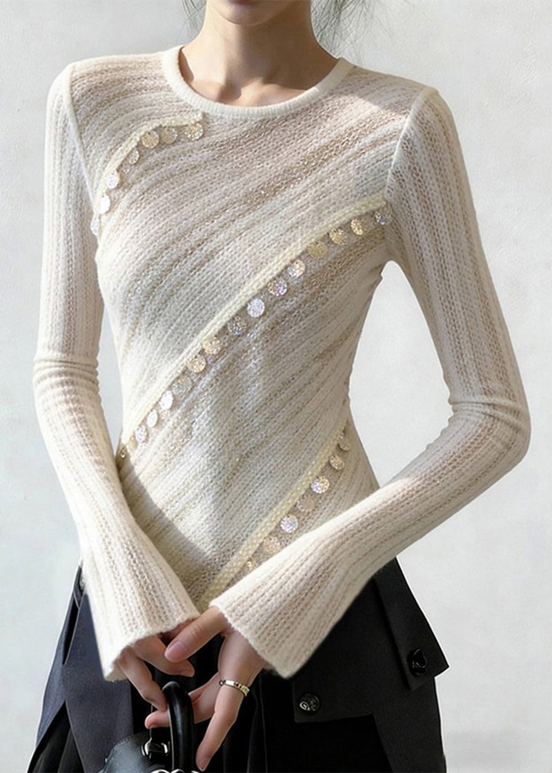 White Asymmetrical Sequins Patchwork Thin Knit Top Spring