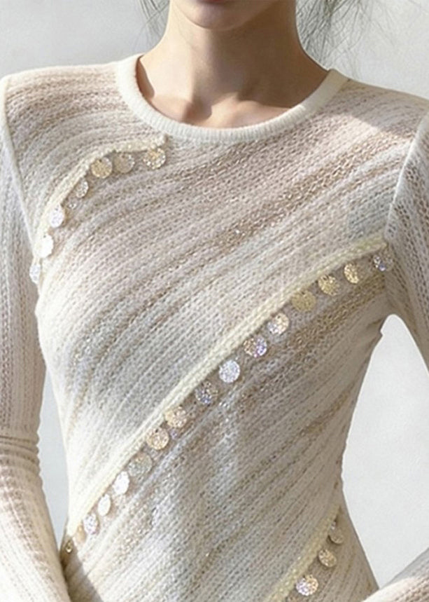 White Asymmetrical Sequins Patchwork Thin Knit Top Spring
