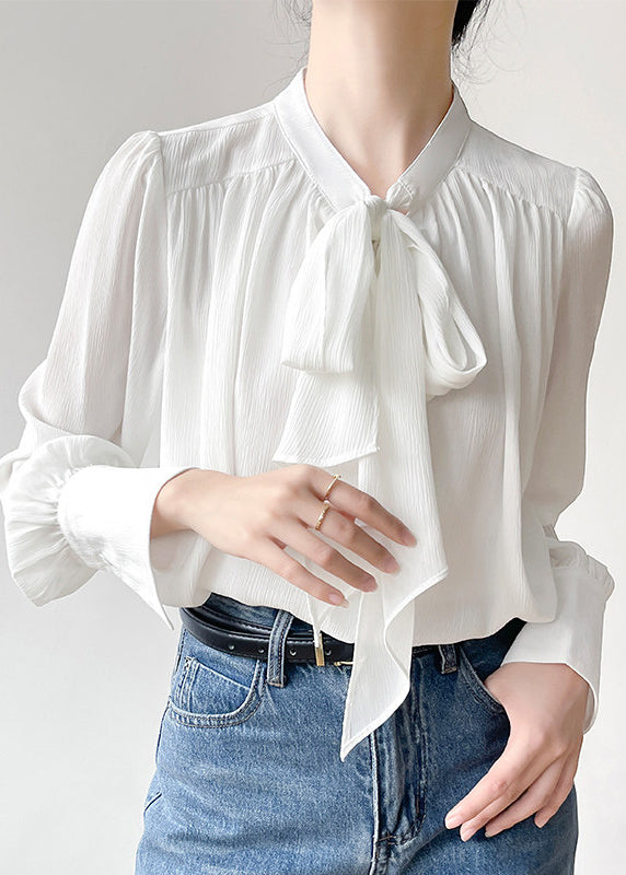 Elegant White Bow Draping Chiffon Tops Spring