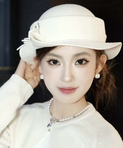 White Bow Nail Bead Woolen Bucket Hat