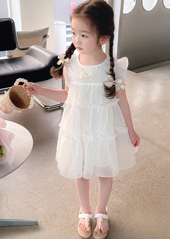 White Bow Tulle Kids a Line Mid Dresses Summer