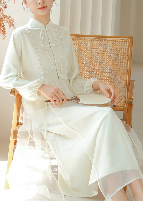 White Chinese Button Silm Fit Silk Dress Fall