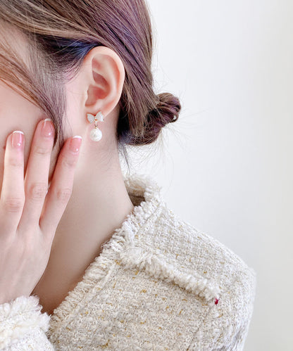 White Copper Alloy Bow Shell Pearl Drop Earrings