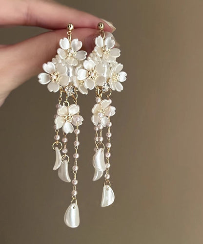 White Copper Overgild Pearl Tassel Drop Earrings