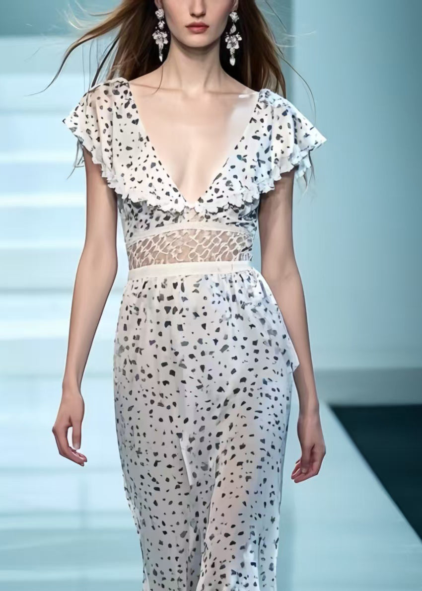 White Deep-v Patchwork Print Chiffon Party Dress Summer