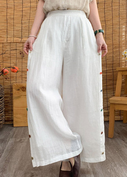 White Elastic Waist Linen Wide Leg Pants Summer