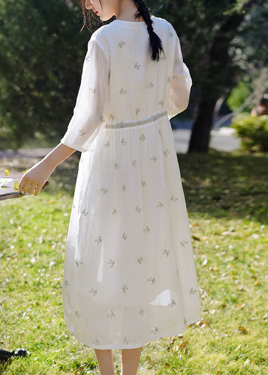 White Embroidered Button Linen Dress Spring