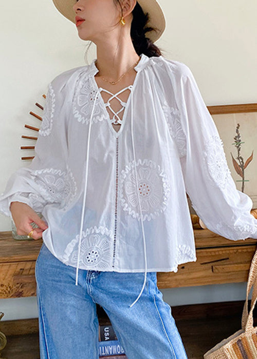 White Embroidered Hollow Out Lace Up Cotton Blouses Spring