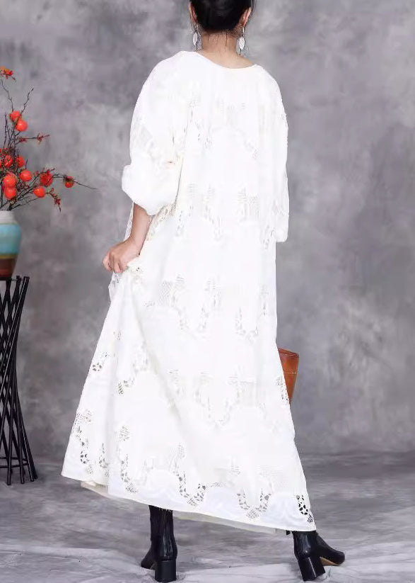 White Embroidered Hollow Out Long Dress Half Sleeve