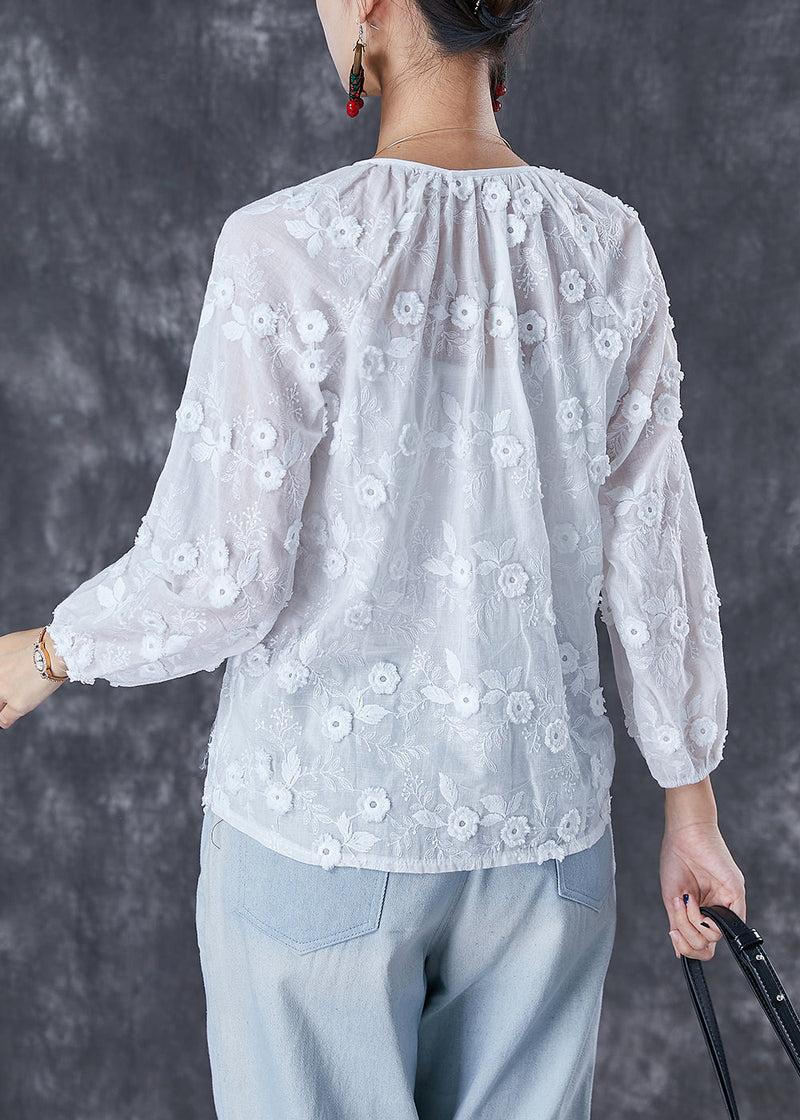 White Embroidered Lace Up Cotton Tops Fall