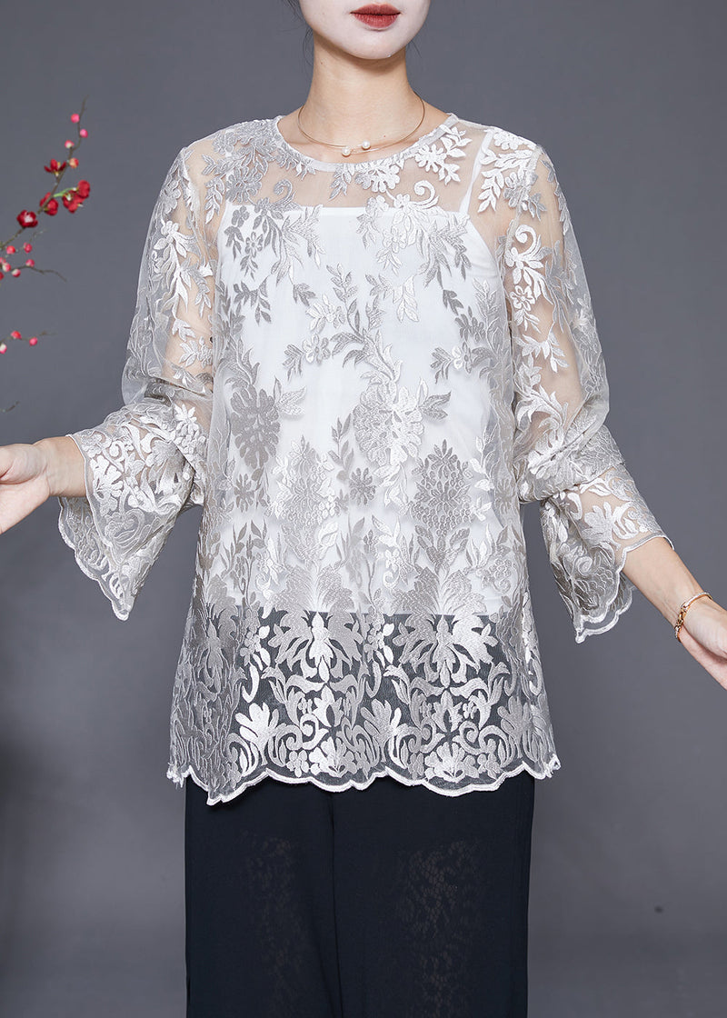 White Embroideried Hollow Out Lace Top Fall