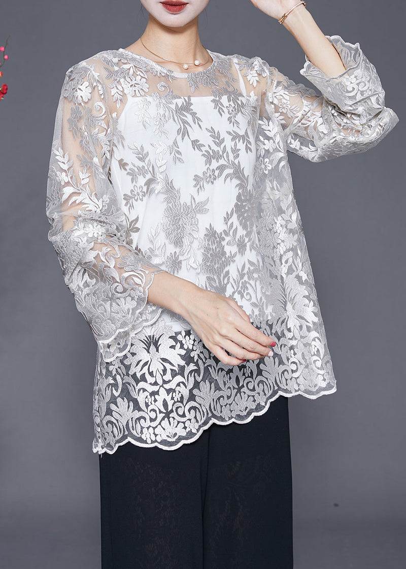 White Embroideried Hollow Out Lace Top Fall