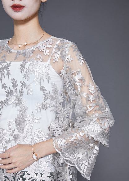 Elegant White Embroideried Hollow Out Lace Top Fall