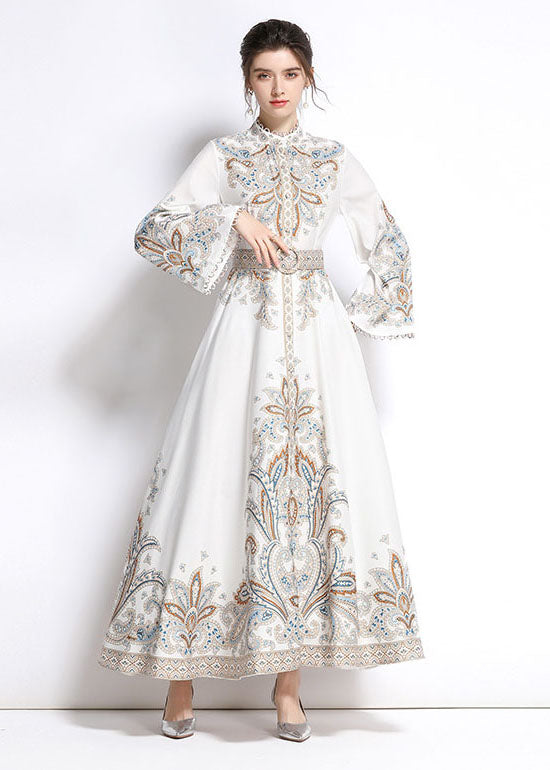 White Embroideried Patchwork Cotton Exra Large Hem Long Dresses Flare Sleeve