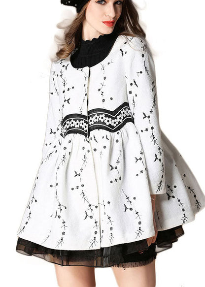 White Embroideried Patchwork Print Fall Woolen Coats