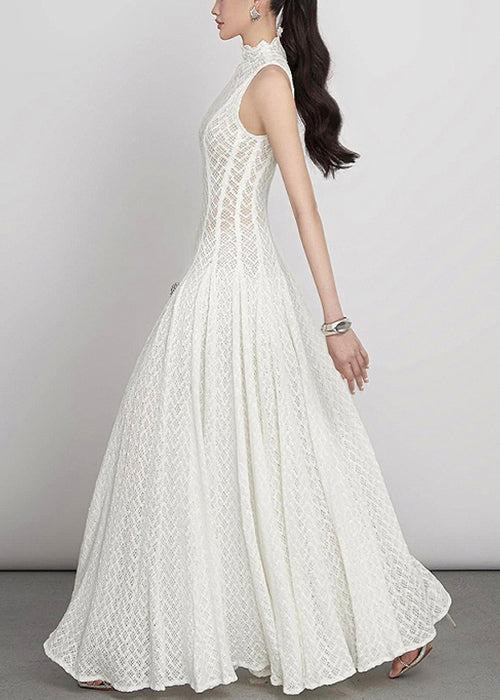 White Hollow Out Lace Maxi Dress Sleeveless