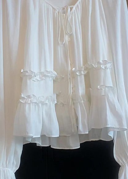 Elegant White Lace Up Ruffled Cotton Shirt Top Flare Sleeve