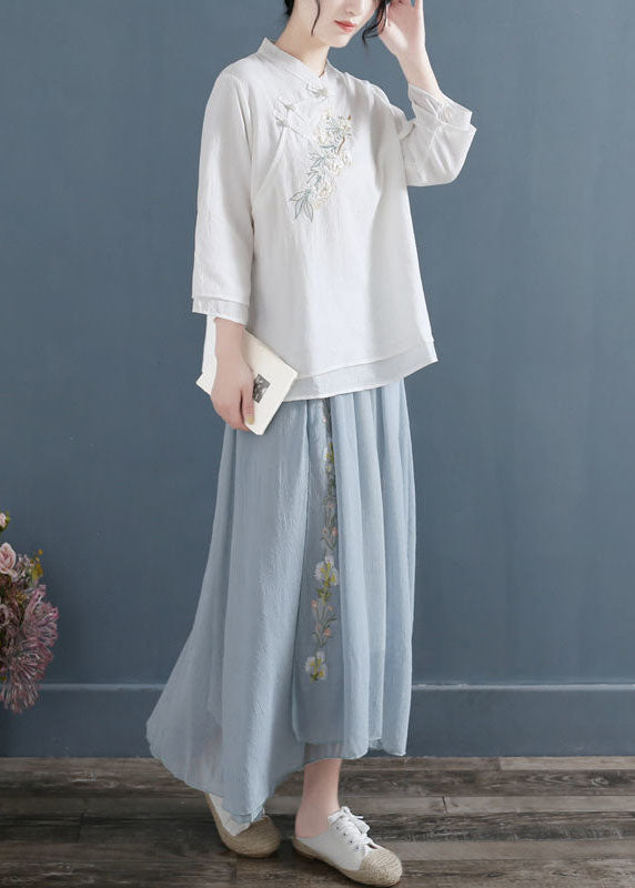 White Mandarin Collar Cotton Fake Two Piece Shirts Three Quarter Sleeve