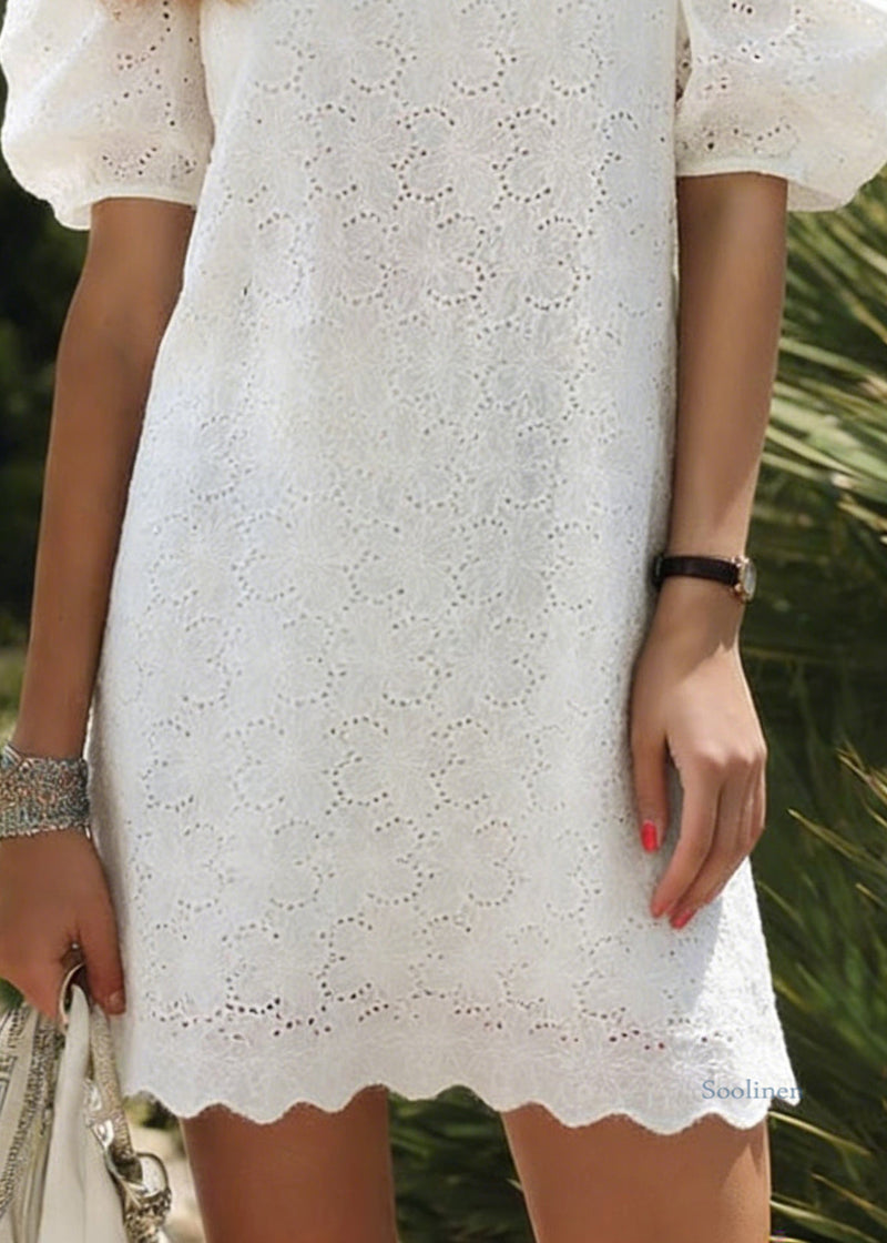 White O Neck Hollow Out Cotton Dress Puff Sleeve