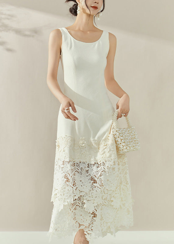 White O-neck Lace Patchwork Maxi Spaghetti Strap Dresses Sleeveless