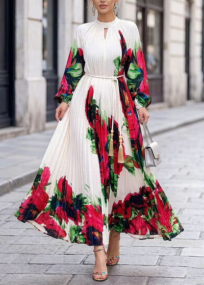 White O Neck Print Chiffon Maxi Dresses Spring