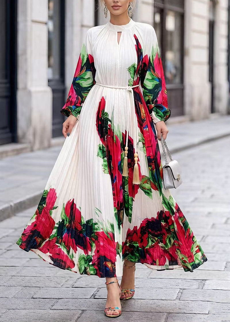 White O Neck Print Chiffon Maxi Dresses Spring