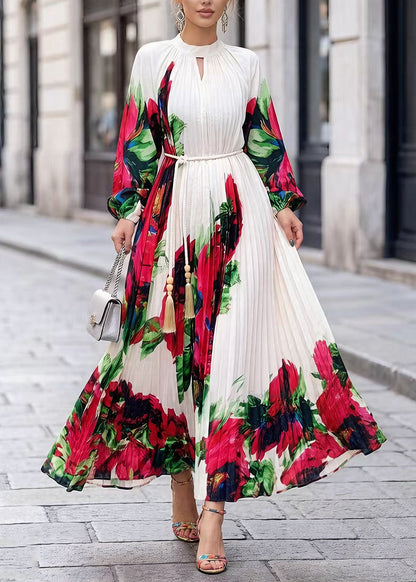 White O Neck Print Chiffon Maxi Dresses Spring