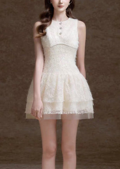 White O Neck Sequins Tulle Mid Dress Sleeveless